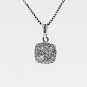 white gold link chain with diamond pendant in halo setting